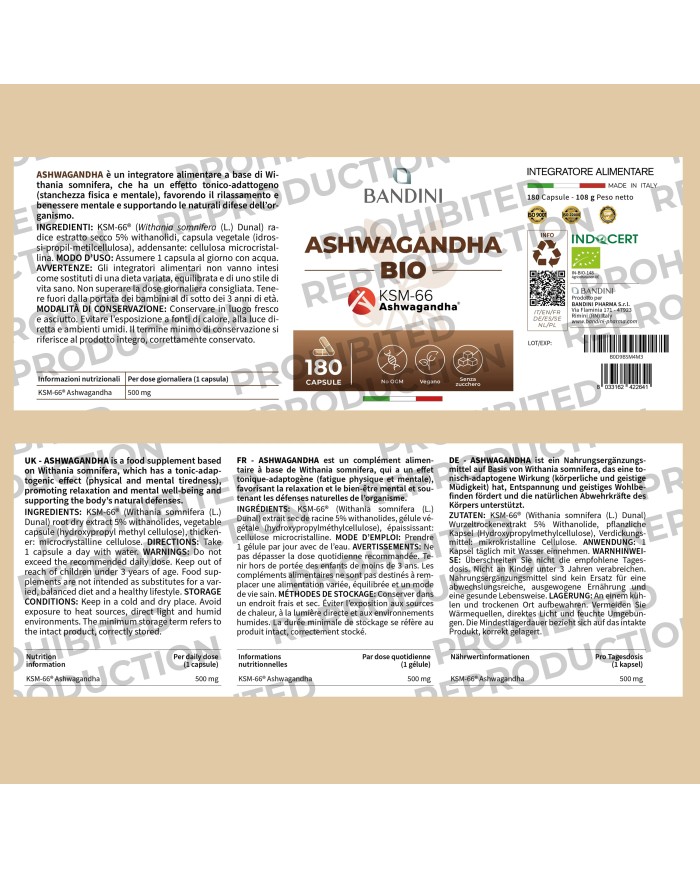 Ashwagandha Organic Supplement - Indian Ginseng 180 capsules